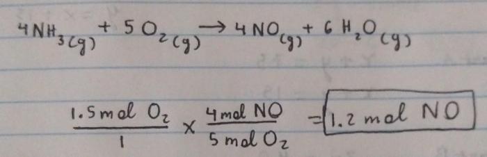 Ammonia gaseous chemically oxygen reacts gas monoxide nitrogen vapor produce water has o2 solved please work show calculate moles