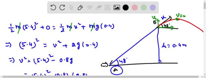 The drawing shows a skateboarder moving at 5.4 m/s